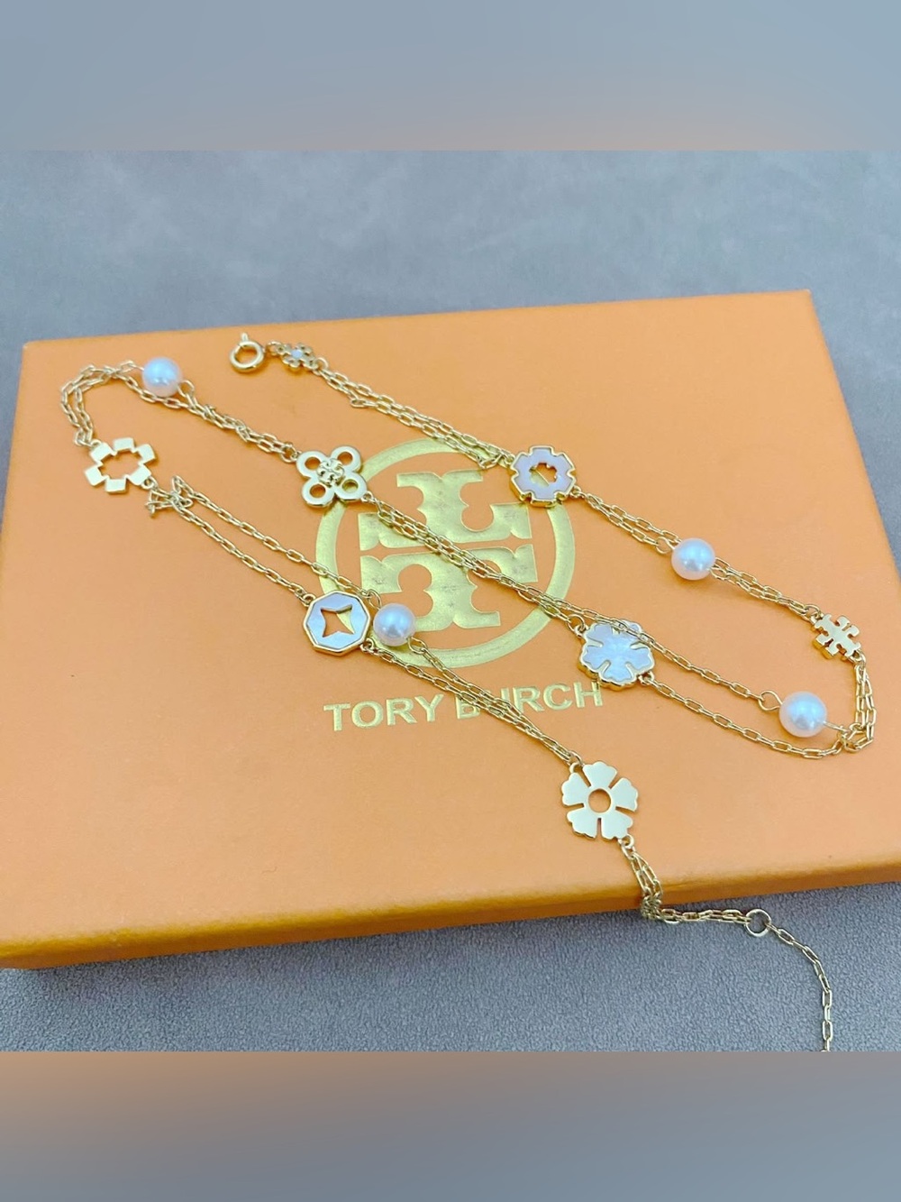 Tory Burch Gold Tone Multi-Station Floral & Pearl Necklace